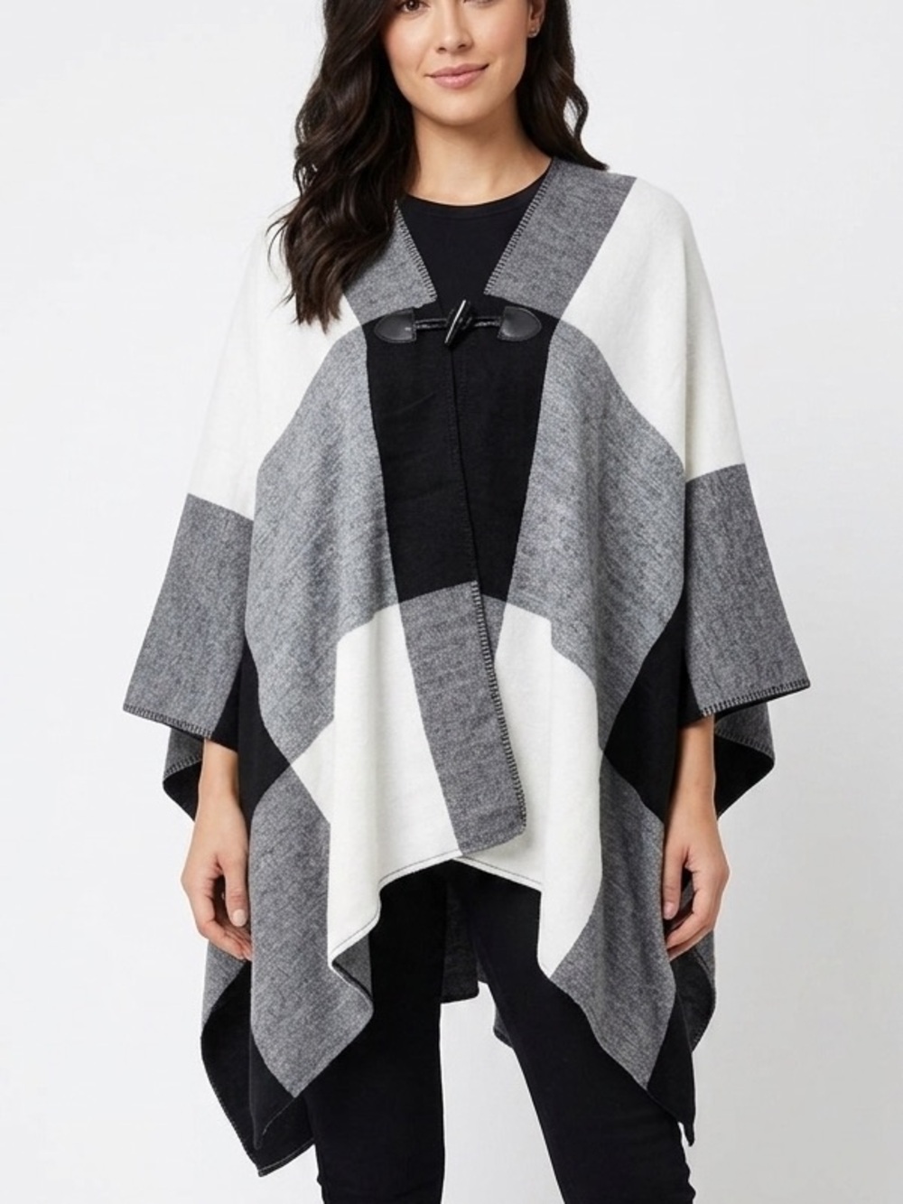 PETER NYGARD Checker Large Plaid Print Poncho Shawl Cape Wrap Toggle Clasp Front